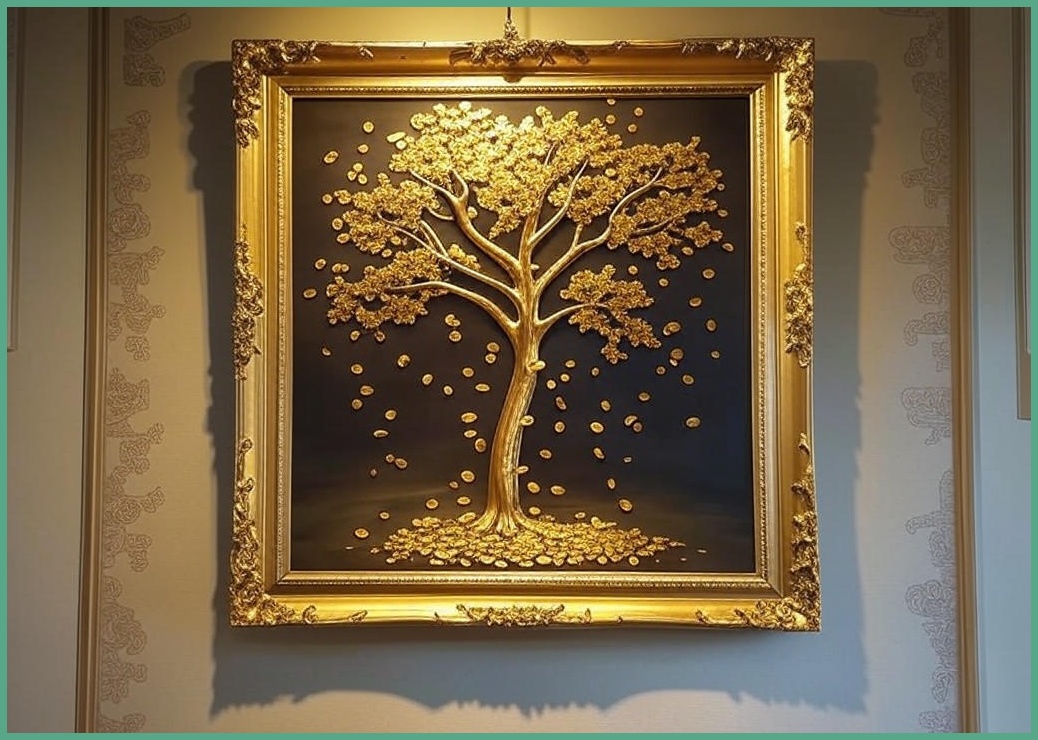 아트블루 집 안에 걸어두면 금전운이 들어오는 황금나무와 떨어지는 황금빛 풍수 액자, 골드메탈